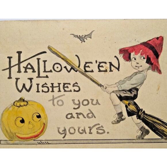 Halloween Postcard Fantasy Wall Hand Tinted Colored Witch Girl JOL Bat Bergman - Picture 1 of 4